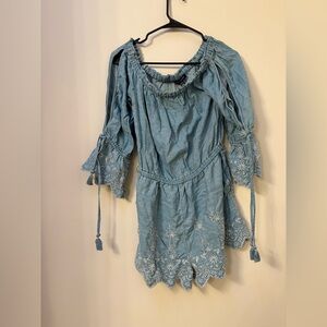 American Eagle Outfitters Teal Embroidered Blouse